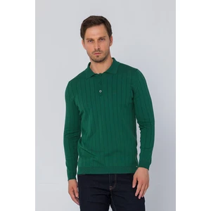 Erkek Regular Fit Düz Renk Polo Yaka Düğmeli Uzun Kollu Çizgili Triko Kazak