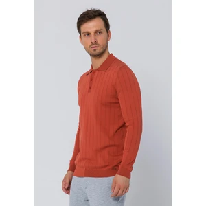 Erkek Regular Fit Düz Renk Polo Yaka Düğmeli Uzun Kollu Çizgili Triko Kazak