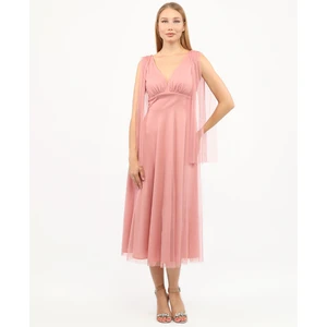 Göğüs Büzgü Detaylı Esnek Tül Abiye Elbise