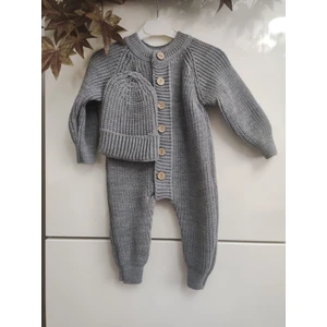 Meriç Bebe Şapkalı Düğmeli Selanik Örgü Triko Bebek Tulum