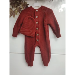 Meriç Bebe Şapkalı Düğmeli Selanik Örgü Triko Bebek Tulum