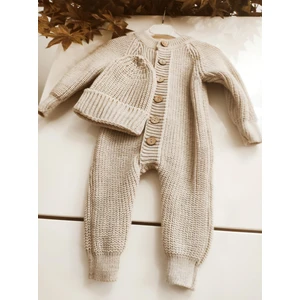Meriç Bebe Şapkalı Düğmeli Selanik Örgü Triko Bebek Tulum