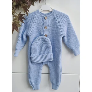Meriç Bebe Şapkalı Düğmeli Selanik Örgü Triko Bebek Tulum