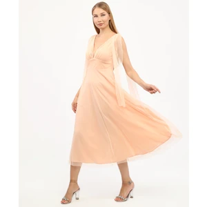 Göğüs Büzgü Detaylı Esnek Tül Abiye Elbise