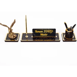 İsimlik Sepeti Mermer Desenli Kartal Biblolu Masa Isimliği 3 Parça Ahşap Isimlik