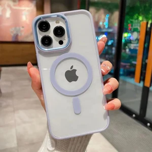 iPhone 15 Pro Max Kılıf Magsafe Özellikli Metal Kamera ve Tuş Tasarımlı Arkası Sararmaz Sert Şeffaf
