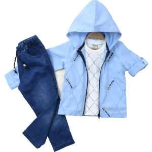 Kids 1/2/3/4/ Yaş Kot Pantolonlu Gömlekli Kapşonlu Uzun Kol Erkek Çocuk 3 Lü Takım