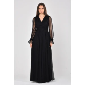 Önü Kruvaze Uzun Kol Esnek Tül Abiye Elbise