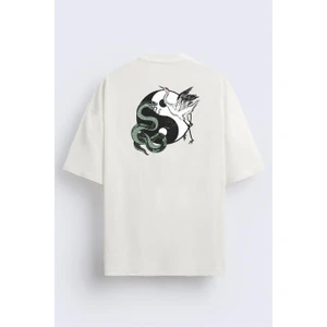 BRZ Collection Ön ve Arka Baskılı Ying Yang Snake And Crane Regular Fit T-Shirt
