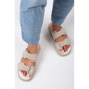 Farah Kadın Deri Çift Cırtlı Bej Süet Terlik