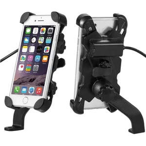 Motosiklet Şarjlı Telefon Tutucu Scooter Unıversal Metal Ayna ve Gidon Bağlantı Aparatlı