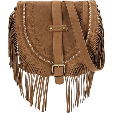 Conveyy El Yapımı Süet Bayan Omuz Çantası Püskül Eyer Çantası Satchel Moda Çanta BROWN01 (Yurt