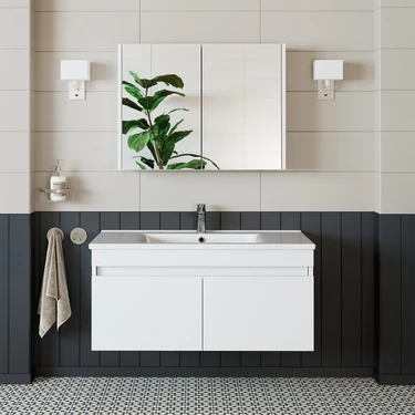 Banos Roomart 2 Kapaklı Lavabolu Beyaz Mdf 100 cm Banyo Dolabı + Aynalı Banyo Üst