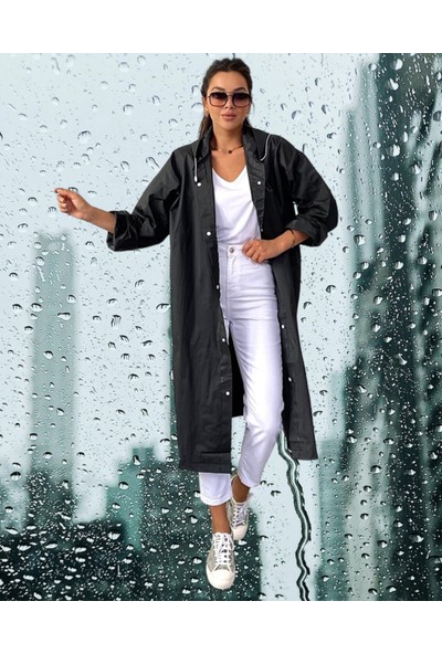Shopiolog Kadın Erkek  Yağmurluk Kapüşonlu Çıtçıtlı Eva Siyah Yağmurluk