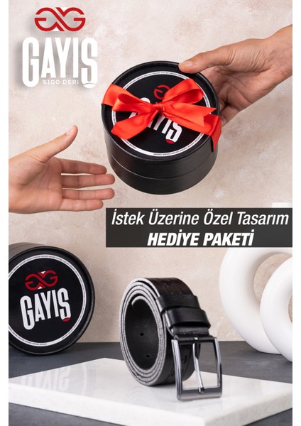 Özel Oval Kutulu | %1oo Hakiki Manda Derisi | Kot-Kumaş Siyah Erkek Kemer | Hediyelik Çeyizlik Kemer