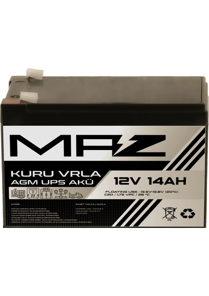 Maz Akü 12 Volt 14 Amper  Kuru Agm Vrla Güç Kaynağı Ups Akü