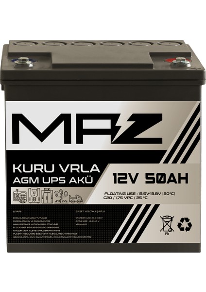 12 Volt 50 Amper Kuru Agm Vrla Güç Kaynağı Ups Akü