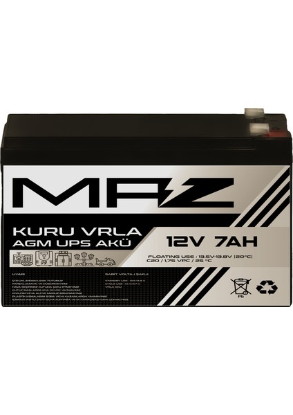 12 Volt 7 Amper Kuru Agm Vrla Güç Kaynağı Ups Akü