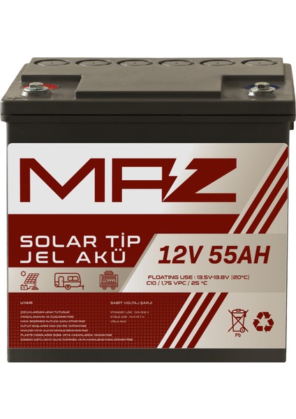 12 Volt 55 Amper (Ah) Solar Jel Akü (Güneş Paneli Akü)