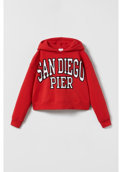 Kız - Erkek Çocuk Unisex Kırmızı Renk San Diego Pier Yazı Baskılı Hoodie Kapüşonlu Sweatshirt