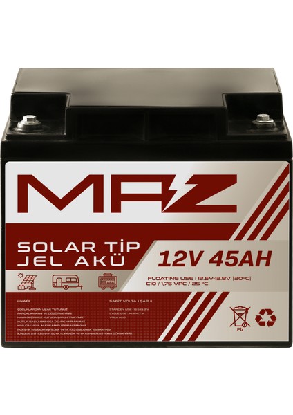 Maz Akü 12 Volt 45 Amper (Ah) Solar Jel Akü (Güneş Paneli Akü)