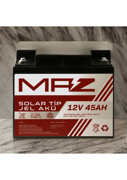 Maz Akü 12 Volt 45 Amper (Ah) Solar Jel Akü (Güneş Paneli Akü)