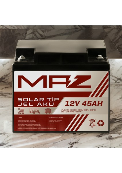 Maz Akü 12 Volt 45 Amper (Ah) Solar Jel Akü (Güneş Paneli Akü)