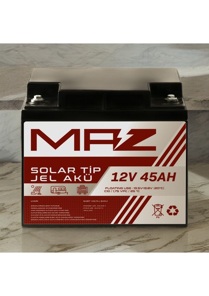 Maz Akü 12 Volt 45 Amper (Ah) Solar Jel Akü (Güneş Paneli Akü)