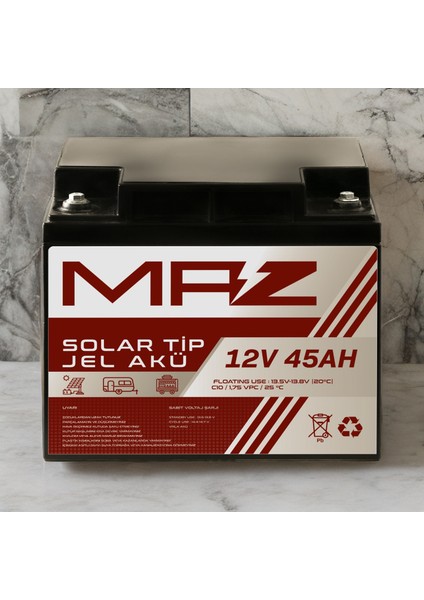 Maz Akü 12 Volt 45 Amper (Ah) Solar Jel Akü (Güneş Paneli Akü)