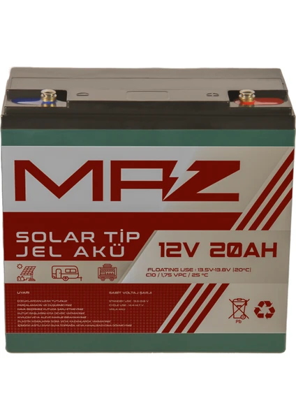 Maz Akü 12 Volt 20 Amper (Ah) Solar Jel Akü (Güneş Paneli Akü)