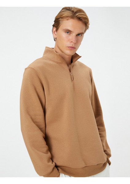 Yarım Fermuarlı Sweatshirt Dik Yaka Uzun Kollu