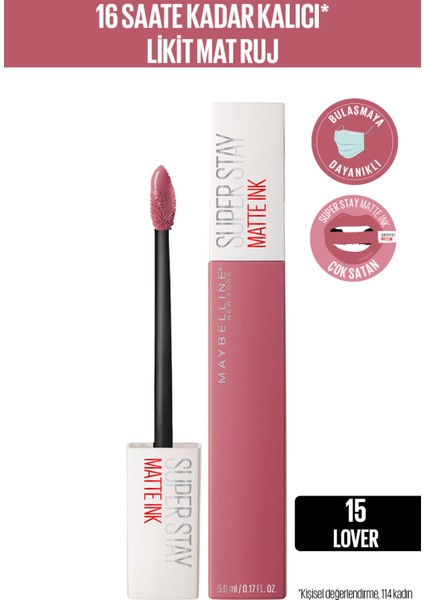 Maybelline New York Super Stay Matte Ink Likit Mat Ruj - 15 Lover - Pembe Mini Tattoo Liner Hediyeli