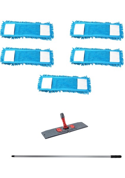 Makarna Şönil Kuru Nemli Palet Tablet Mop Yedek Seti Takımı - 5 Ad Mop + Mop Tutucu + Sap - 50 Cm.