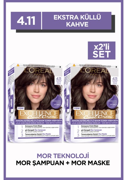 2'li Excellence Cool Creme Saç Boyası – 4.11 Ekstra Küllü Kahve Seti