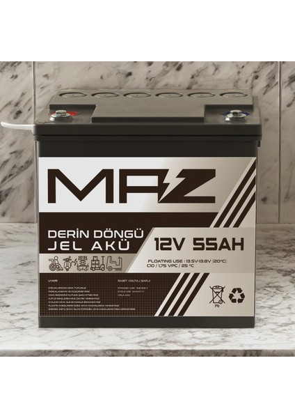 Maz Akü 12 Volt 55 Amper (Ah) Derin Döngü Jel Akü Max Performans