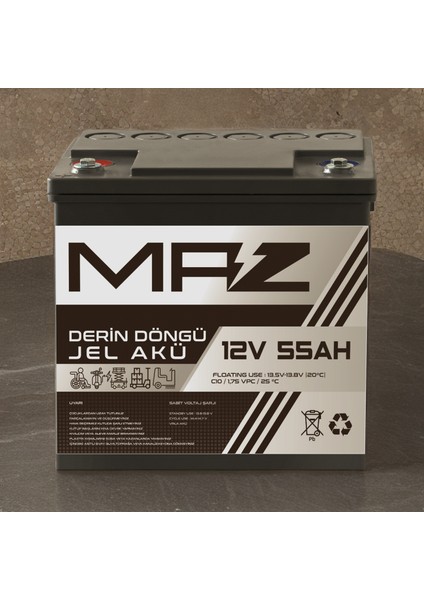 Maz Akü 12 Volt 55 Amper (Ah) Derin Döngü Jel Akü Max Performans