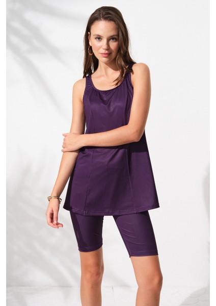 Askılı Tesettür Tankini Takım Mor 231930