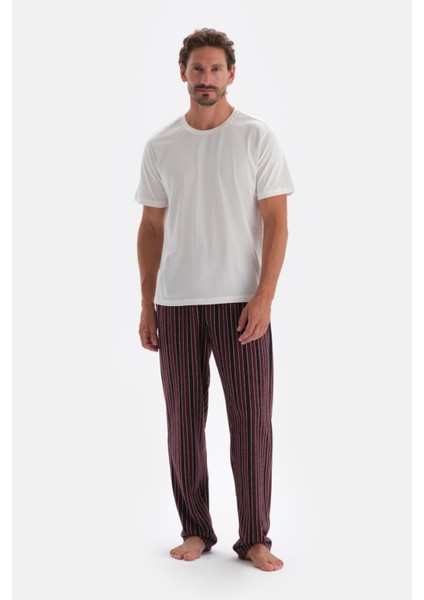 Bordo Çizgi Jakarlı Örme Tek Alt