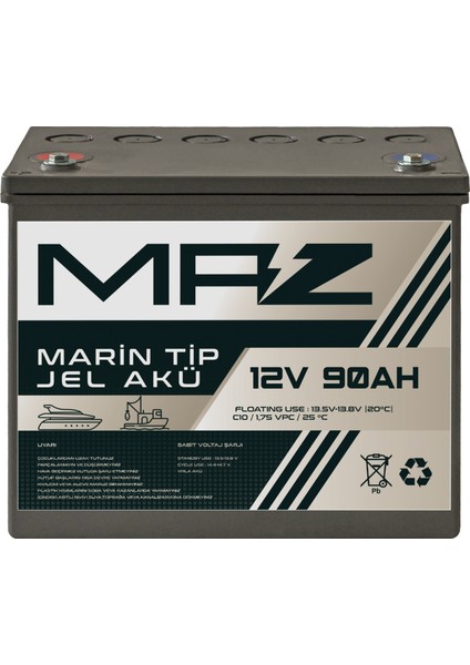12 Volt 90 Amper (Ah) Marin Jel VRLA Akü (Yat Tekne Akü)