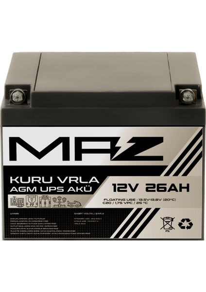 12 Volt 26 Amper Kuru Agm Vrla Güç Kaynağı Ups Akü