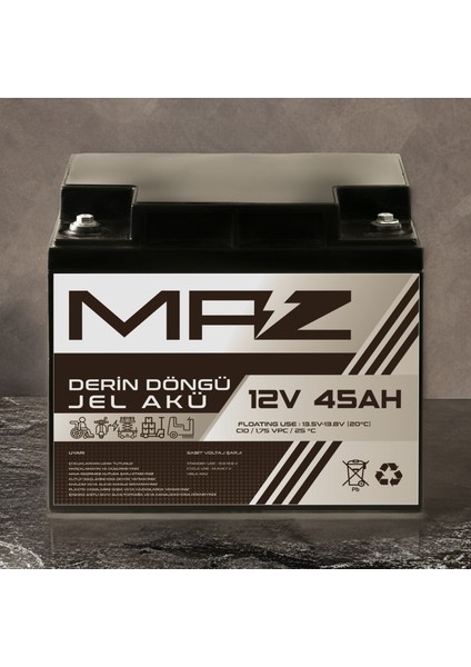 Maz Akü 12 Volt 45 Amper (Ah) Derin Döngü Jel Akü Max Performans