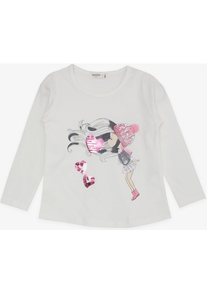 Kız Çocuk Uzun Kollu Tişört Pullu Kalp Baskılı 2-6 Yaş, Ekru
