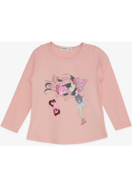 Kız Çocuk Uzun Kollu Tişört Pullu Kalp Baskılı 2-6 Yaş, Somon