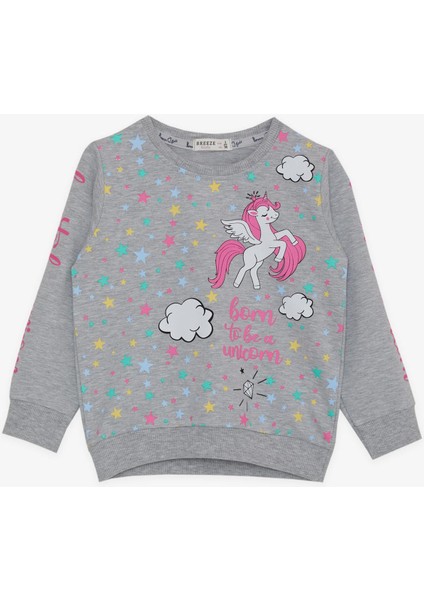 Kız Çocuk Sweatshirt Unicorn Baskılı 2-6 Yaş, Gri Melanj