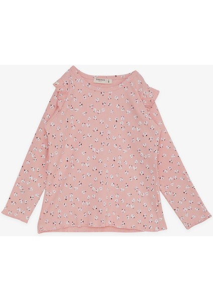 Kız Çocuk Uzun Kollu Tişört Çiçek Desenli Omuzu Fırfırlı 2-6 Yaş, Somon