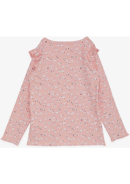 Kız Çocuk Uzun Kollu Tişört Çiçek Desenli Omuzu Fırfırlı 2-6 Yaş, Somon fiyatları