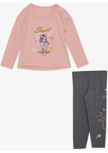 Kız Çocuk Taytlı Takım Sevimli Kız Baskılı Kalpli 2-6 Yaş, Pembe