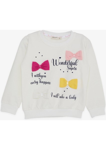 Kız Çocuk Sweatshirt Renkli Fiyonk Aksesuarlı Yazı Baskılı 3-8 Yaş, Ekru indirimleri