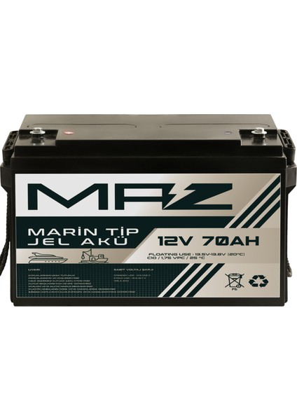 12 Volt 70 Amper (Ah) Marin Jel VRLA Akü (Yat Tekne Akü)