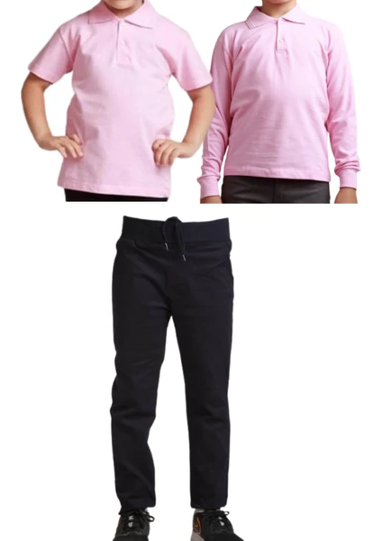 Unisex Çocuk Ribana Bel Keten Okul Pantolonu + Polo Yaka Kısa ve Uzun Kol T-Shirt